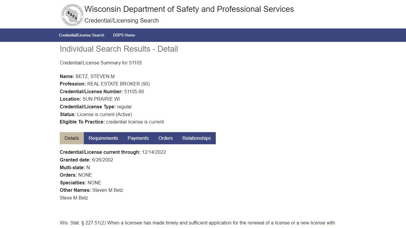 Credential/License Search - Wisconsin DSPS